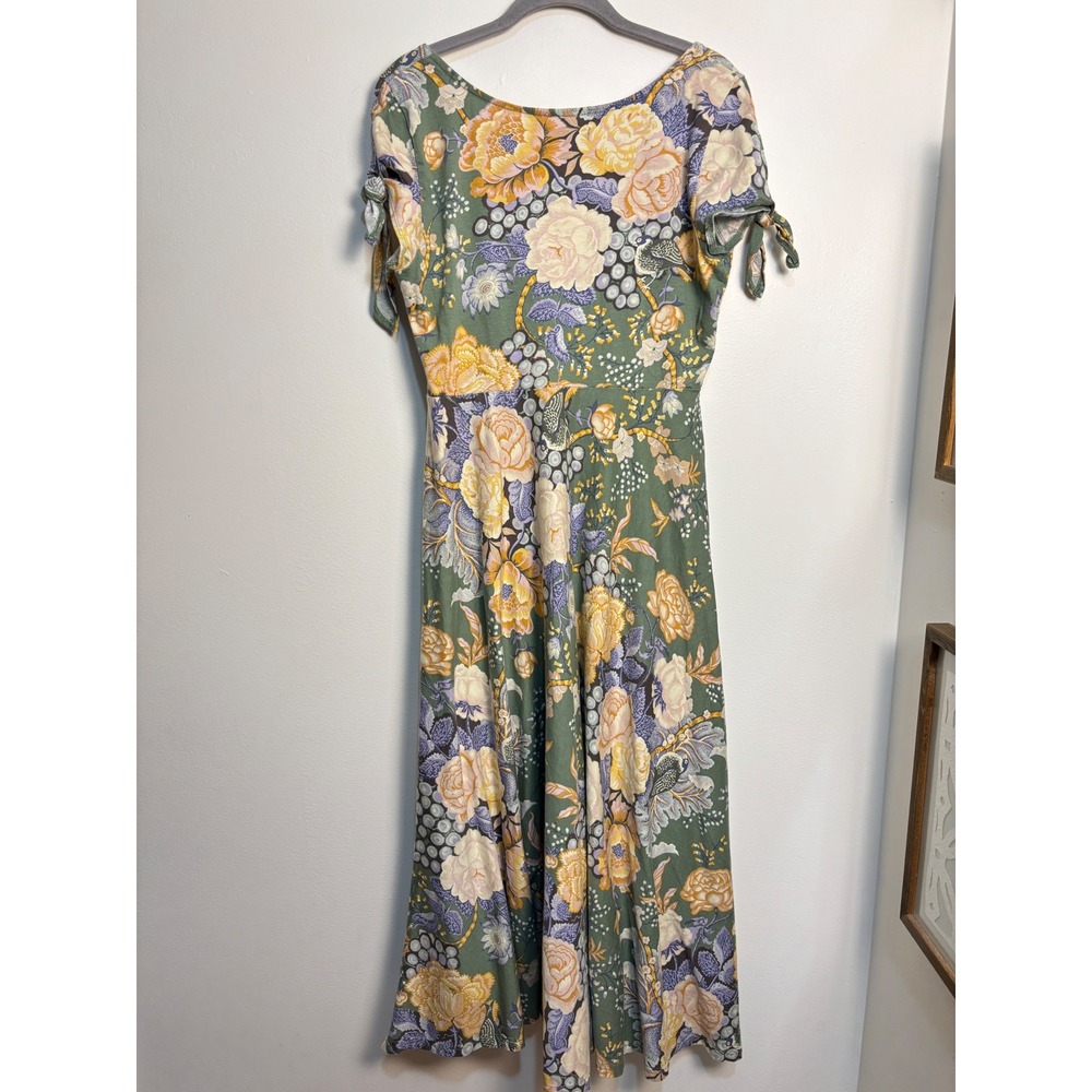 Chaps Maxi Dress Womens Large 100% Cotton Green Floral Tie Sleeve Boho Cottage - Picture 4 of 9